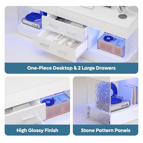 Image of Bestier Modern TV Stand for 65 Inch TV, White Entertainment Center | High Gloss White Finish, Stone Pattern Panels, LED Lights, 2 Large Storage Drawer, Living Room Media Console
