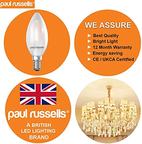 paul russells Small Edison Screw LED Filament Pearl Frosted Candle E14 Light, 25w Equivalent Replacement 2.5W 250LM 2700K Warm White C35 Bulbs, Ceiling Fittings Chandelier Energy Saving, Pack of 2