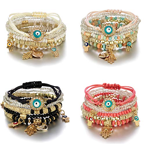 Image of 4 PCS Set Evil Eye Bohemian Wood Beaded Crystal Rope Pendant Bracelet Multilayer Stretch for Women Girl Lucky Turkish Fatima Hands Jewelry Charm-4 PCS