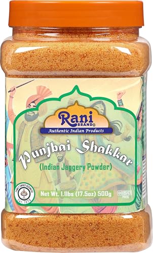Rani Punjabi Shakkar (Gur Jaggery Powder) Indian Unrefined Raw Cane Sugar 17.5oz (1.1lbs) 500g PET Jar ~ Gluten Friendly | Vegan | NON-GMO | Kosher | No Salt or fillers | Indian Product
