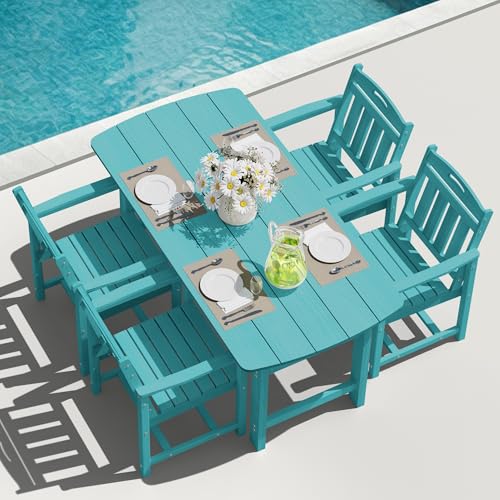 Image of HDPE Outdoor Dining Set, Patio Table and Chairs Set, All-Weather 5-Piece Outside Table and 4 Chairs, 2 inch Umbrella Hole, Outdoor Furniture for Garden, Poolside, Backyard, Deck | Lake Blue