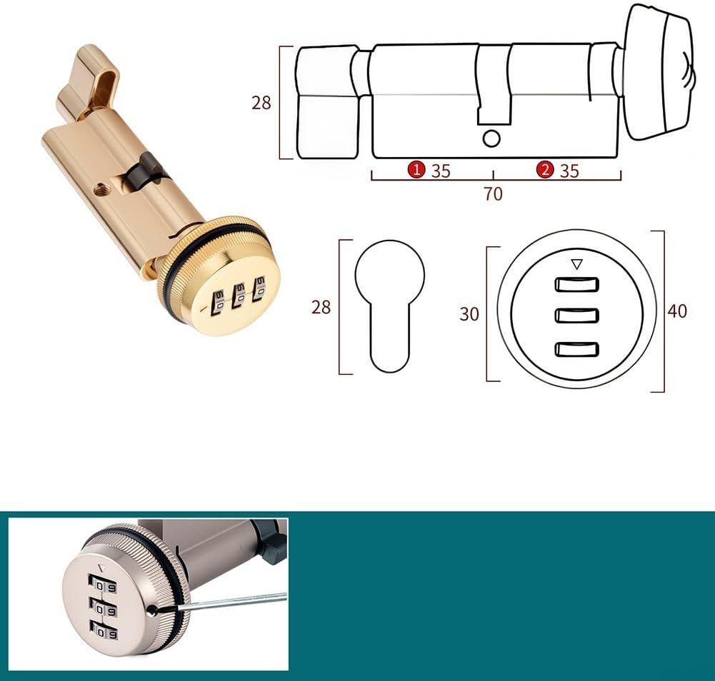 Mechanical Combination Lock Cylinder Wooden Doors, 70mm Length, 3-Digit Password Handle Lock without Key, Brushed Nickel, Compatible with 30-50mm Door Thickness(Gold)
