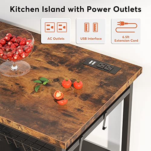 Tribesigns Kitchen Island With Storage, Industrial Island Table With Power Outlets And Wire Baskets, 3 Tier Microwave Oven Stand Butcher Block Island With Large Worktop, 4 Hooks, Rustic Brown #TOP5