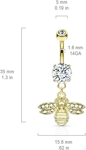 Piercing Nombril Banane En Acier Chirurgical 316L – Double Bijou : Cristal Sur Le Haut Et Abeille Suspendue Avec Ailes En Cristal, 35 Mm