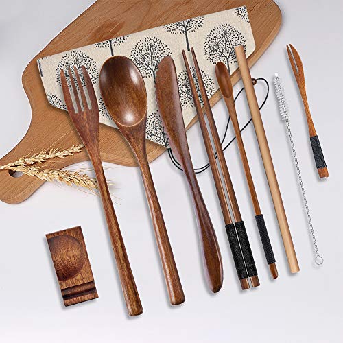 Oka Reusable Wooden Travel Cutlery Set Japanese Style Lunch Utensil Set With Case ,9 Pcs Wooden Flatware Including Reusable Knife Fork Spoon Chopsticks Straws & Cleaning Brush #TOP2