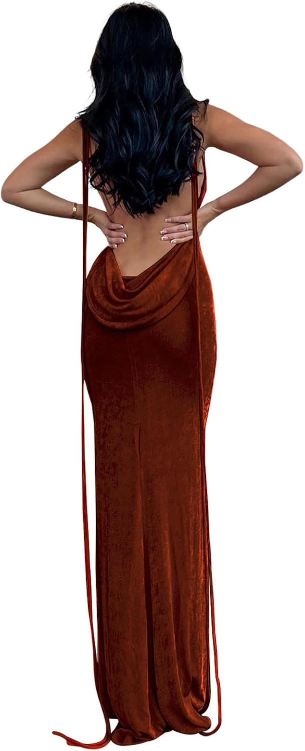 Womens Summer Backless Bodycon Dress Halter Cowl Neck Slip Spaghetti Strap Sexy Cocktail Party Maxi Dresses