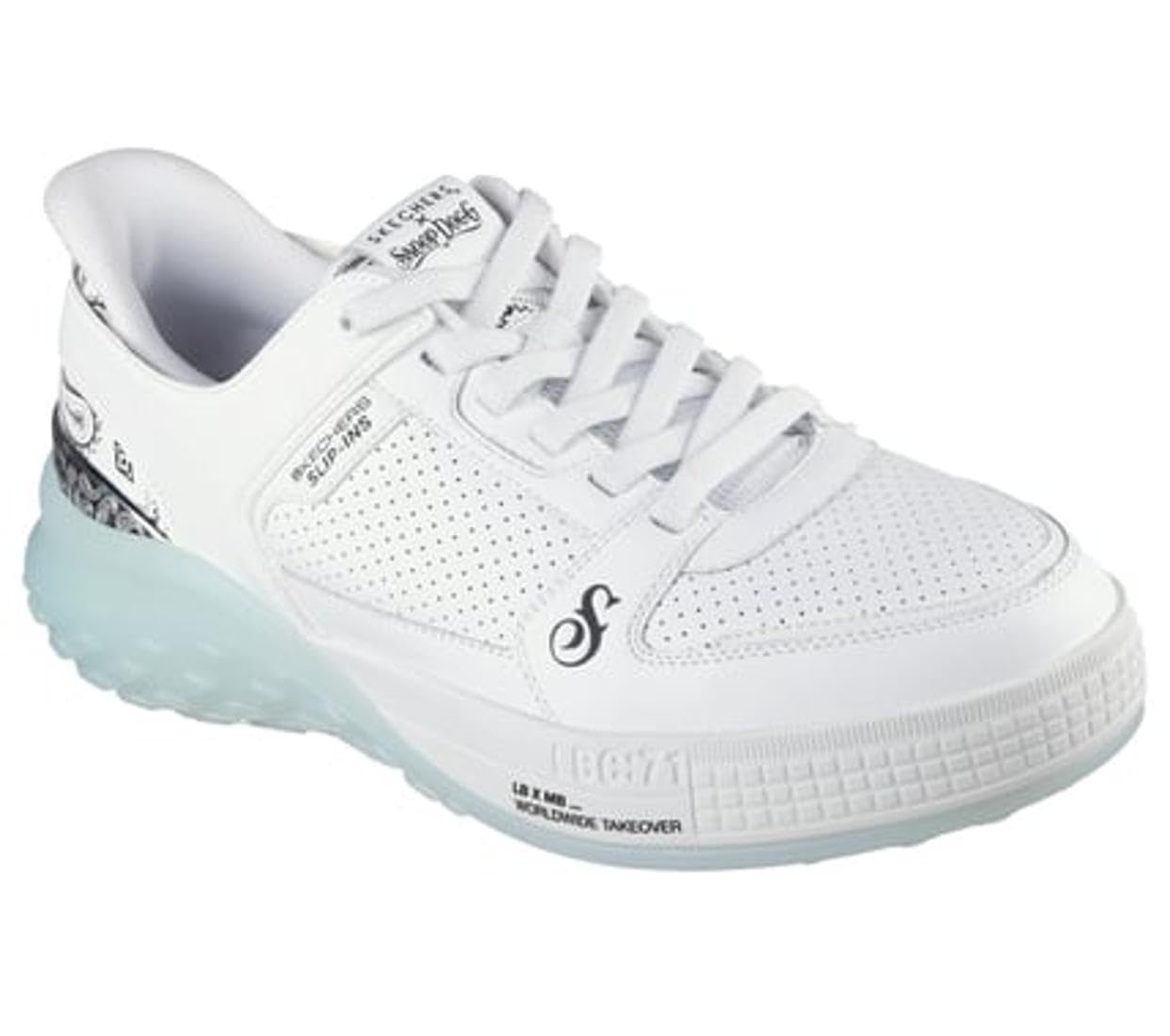 Skechers Men's Sizzle Snoop Sizzle Toke Slip-Ins Slip-On Sneakers, White Leather/Ice Blue Trim, 9.5 UK