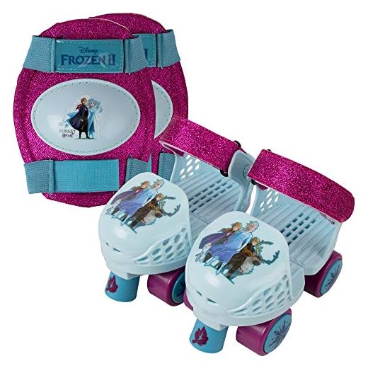 PlayWheels Adjustable Glitter Frozen 2 Children's Roller Skates and Knee Pads Set, Junior Size 6-12