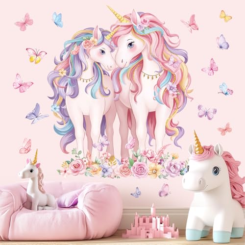 decalmile 2 Large Size Unicorn Wall Decals Unicorn Flower Butterfly Wall Stickers Baby Nursery Kids Room Girls Bedroom Wall Decor