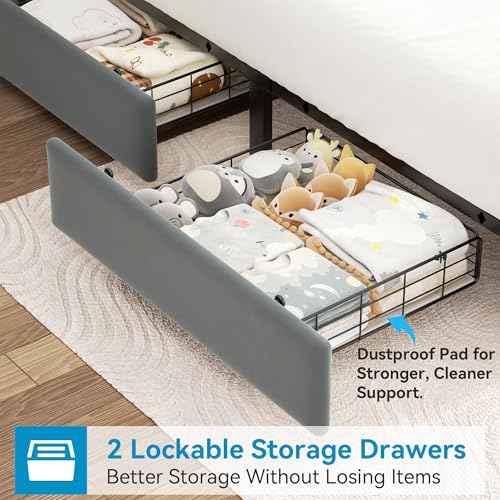 Image of Queen Upholstered LED Bed Frame with 2 Storage Drawers and 2-Tier Storage Headboard, Velvet Platform Bed with Charging Station & Bookcase, Heavy Duty Metal Support, No Box Spring Needed, Grey