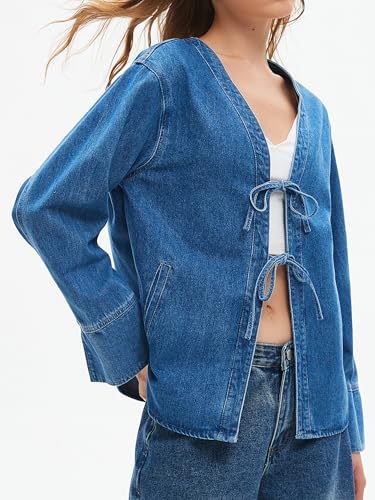LifeShe Jean Jacket Women Tie Front Top Loose Wide Sleeve Denim Shacket Lightweight V Neck Coat4