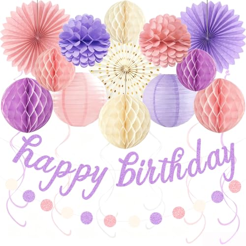 Image of Pink Purple Birthday Decorations for Women Girls, Pre-Strung, 24pcs | Happy Birthday Banner, Honeycomb Balls, Paper Flowers, Lanterns, Streamers, Dots Garland for Happy Birthday Party Decorations