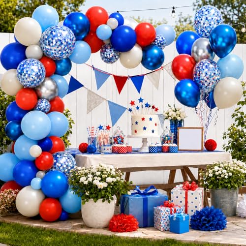 Image of Red and Blue Balloons, 50Pcs 12 Inch Red White Blue Silver Confetti Latex