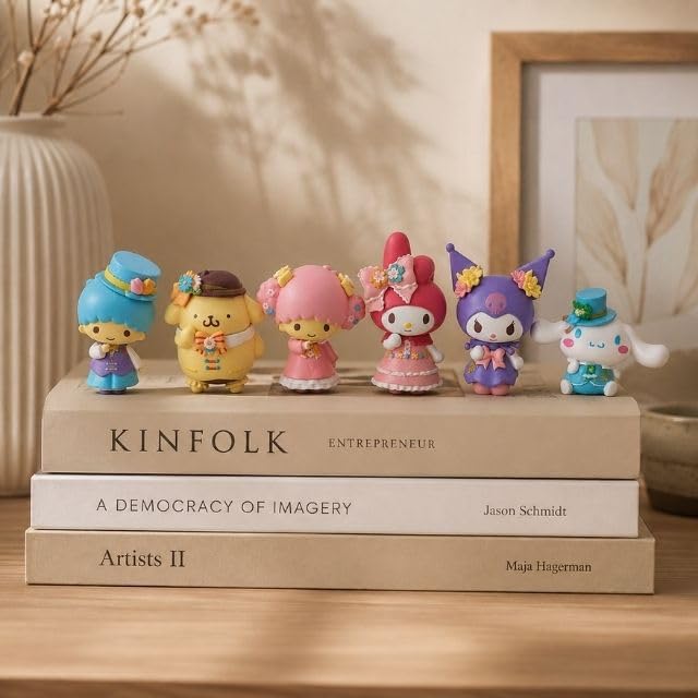 Image of Awestuffs Spring Flower Kuroomi Mini Figurine Set | Pastel Decorative Toy Collection | Desk Decor, Cake Topper & Gift for Kids & Collectors (Set of 6)