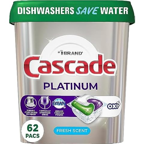 Cascade Platinum Dishwasher Soap Pods, Actionpacs + Oxi, Fresh, 62 Count of Dishwasher Detergent Pods Cover
