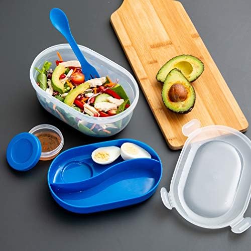 Addis Clip & Go Salad Fresh Food Lunch Box Container with Spork & Dressing Storage Pot, 1375 ml, Cobalt Blue