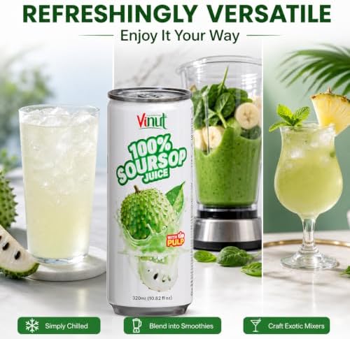 VINUT 100% Soursop Juice with Pulp (Guanabana, Graviola), No Added Sugar, Not From Concentrate, Gluten Free & Non-GMO Drink, 100% Vegan/Plant-Based, 10.82 fl oz Cans (Pack of 6) - 4