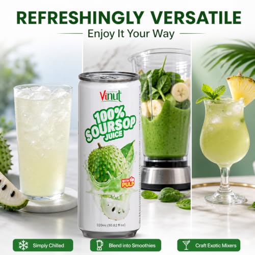 Image of VINUT 100% Soursop Juice with Pulp (Guanabana, Graviola), No Added Sugar, Not From Concentrate, Gluten Free & Non-GMO Drink, 100% Vegan /Plant-Based, 10.82 fl oz Cans (Pack of 12)