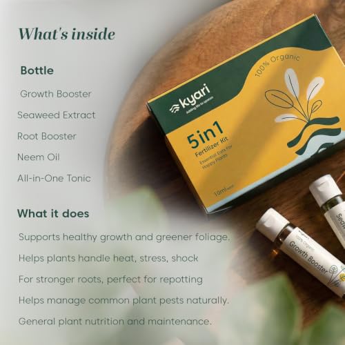 Image of Kyari 5-in-1 Liquid Plant Care Kit - Growth Booster, Seaweed Extract, Root Booster, Neem Oil & Plant Tonic - Organic Liquid Fertilizer Kit for Home Garden - 100% Natural for Plant Parents