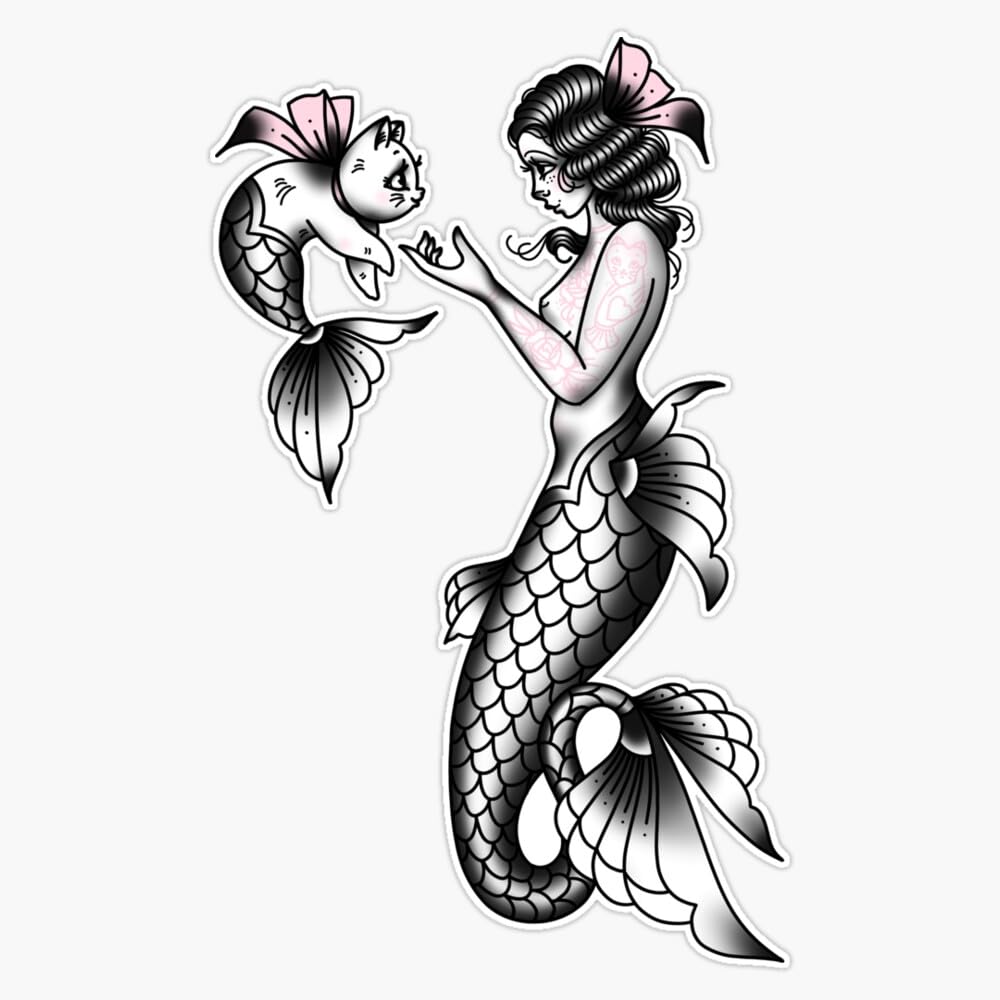 Mermaid And Cat Love Vintage Style Traditional Flash Tattoo Sticker Vinyl Waterproof Sticker Decal Car Laptop Wall Window Bumper Sticker 5"