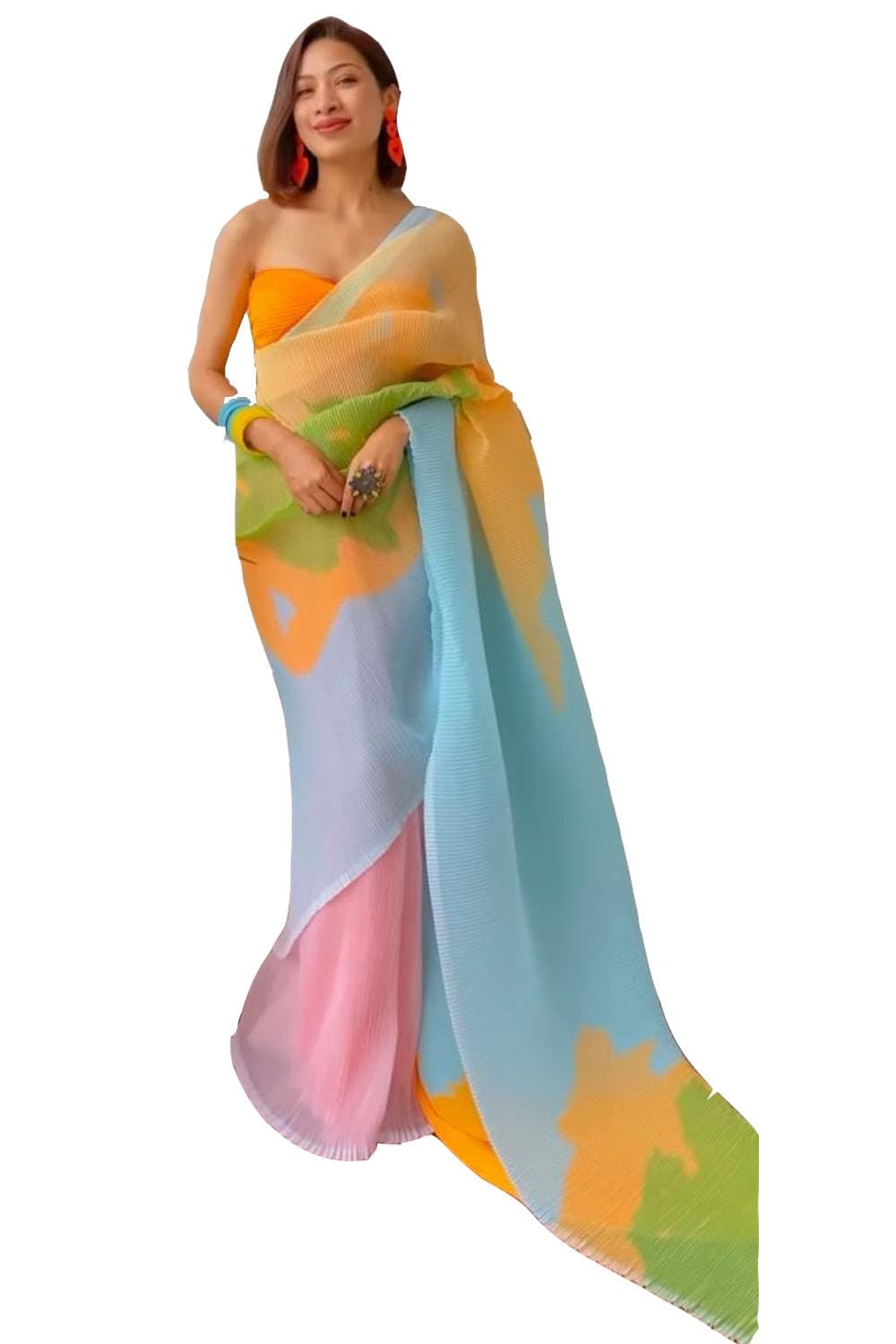MISILYwomen's Full Crushed Georgette Tri-color saree with blouse piece