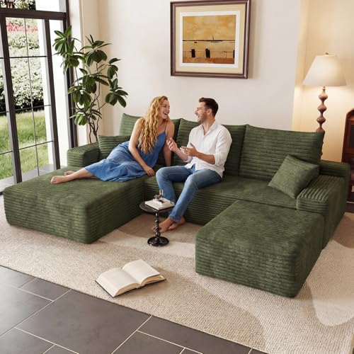 Image of 95 inch U-Shape Cloud Couch, Modern Modular Sectional L-Shape Sofa with Ottoman, Corduroy Upholstered Couches Deep Seat Sleeper Chaise Longue for Living Room, No Assembly Required(Green, Left Facing)
