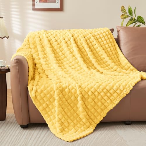 Image of BEDELITE 3D Checked Light Yellow Fleece Throw Blanket for Couch, 50x70 Inch