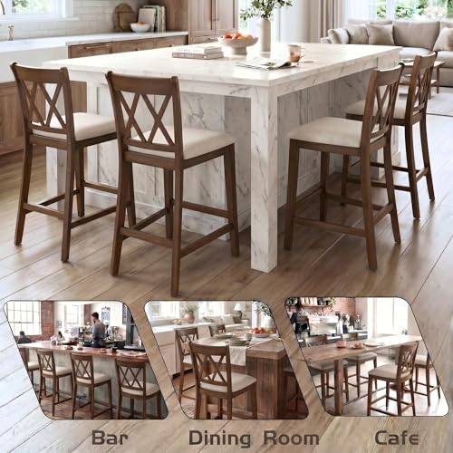 Butacos de barra chairus, set de 6 unidades, altura 24 pulgadas, respaldo en X cruzado y asiento acolchado en cuero sintético PU, estilo moderno y rústico para isla de cocina, bar en casa o comedor miniatura 7