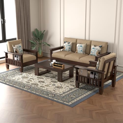 Image of Solid Sheesham Wood 5 Seater Sofa Set for Living Room | (3+1+1) Stylish & Durable Five Person Wooden Sofa | Elegant 5 Seater Sofa for Home & Office Furniture (Joren Walnut, 5 Seater)