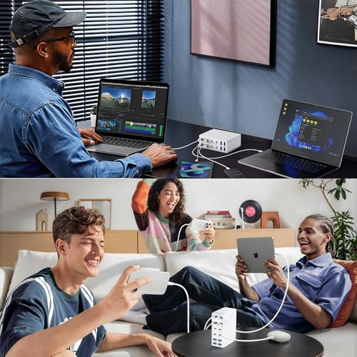 Image of 500W USB C Charger Block, 12-Port USB C Charging Station for Multiple Devices, Leather Texture Dual PD 65W Laptop Fast Charger Compatible with MacBook Pro /Air, iPad, iPhone,Galaxy and More, White
