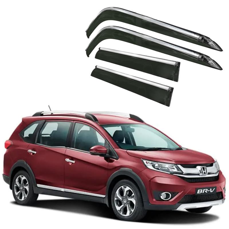 Image of CAR SAAZ Side Door Visors for BR-V (2017-2020)(Set of 4Pcs)|Chrome Lined Rain Guards, Polycarbonate, Smoke Finish