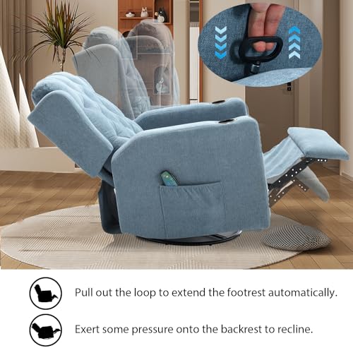 Image of Oversized Massage Recliner Chair Swivel Rocker Recliner for Adult, Wide Seat Fabric Reclining Chair, Manual Recliner Chair with Cup Holder, Glider Rocking Chair for Nursery, Blue