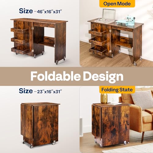 image for VIVOHOME Folding Sewing Craft Table, Rolling Sewing Machine Desk with 