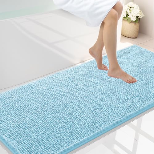 Smiry Luxury Chenille Bathroom Rugs 59x24, Extra Soft and Absorbent Shaggy Bath Mat, Machine Washable, Non-Slip Plush Carpet Runner for Tub, Shower, and Floor, Home Decor Accessories, Sky Blue
