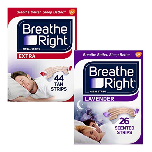 Breathe Right Nasal Strips to Stop Snoring, Drug-Free, Calming Lavender, 26 Count (Pack of 1) & Breathe Right Extra Tan Drug-Free Nasal Strips for Nasal Congestion Relief, 44 Count