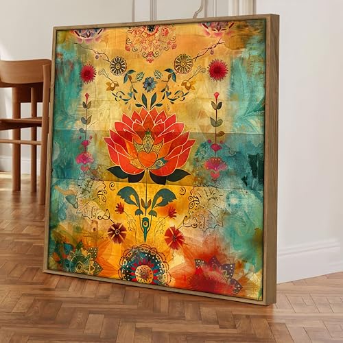 Image of Colorful Vastu Lotus Framed Canvas Wall Art Painting for Living Room | Bohemian Floral Artwork Painting with Frame | Modern Spiritual Wall Decor for Home, Bedroom & Office, 23x23 Inch