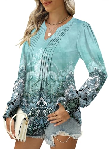 BETTE BOUTIK Long Sleeve Shirts for Women Fall Tops Dressy Blouses Pleated V Neck Tunic Tops for Leggings S-3XL