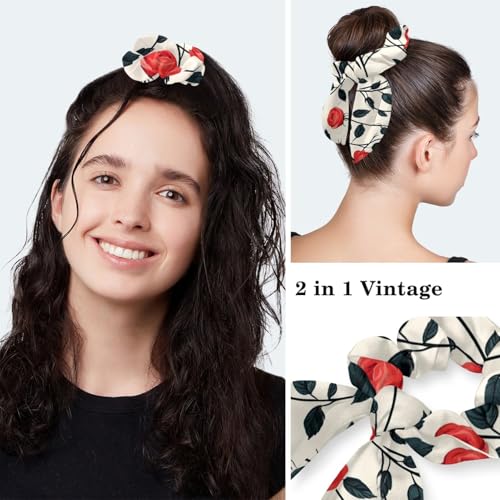 Image of Red Blooming Rose Flowers Black Working Cap with Scrunchy and Ribbon Tie for Women, Long Hair