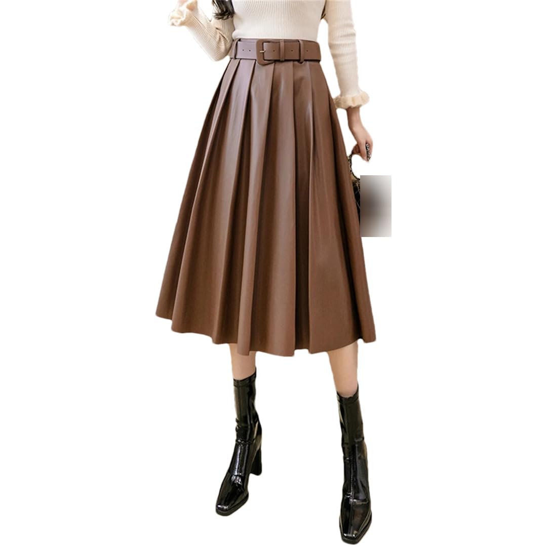 Otoño Invierno PU Cuero de Imitación Mujeres Faldas Largas Cintura Alta Paraguas Vintage Falda de Línea A