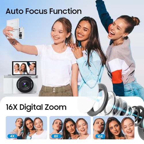 Image of 4K Digital Camera, 64MP Vlogging Camera for Photography with 3 inch 180 Flip Screen, 16X Digital Zoom Point and Shoot Camara with 64GB Micro SD Card for Beginner (White)