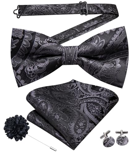 Image of Hi-Tie Bow Tie Men Pre Tied Bowtie Pocket Square Cufflinks Lapel Pin Formal Wedding Bow Ties for Men Party Tuxedo Bowtie Set,Black Paisley Floral