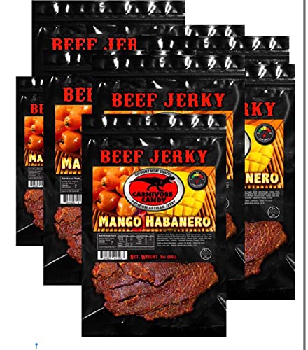 Carnivore Candy’s Mango Habanero Jerky (10 Pk) – Beef Jerky With Amazing Taste, No Preservatives, Msg-Free, Low Sodium Ready To Go Food. Great Protein Boost For The Gym, Office Or On The Go! (3 Oz - 10 Bags) #TOP6