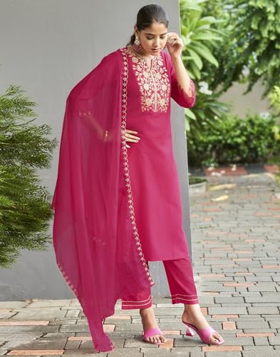 Image of SKYLEE Silk Blend Embroidery Straight Kurta Set with Dupatta