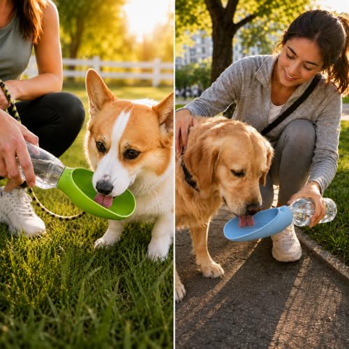 Acessório portátil para garrafa de água para cães, tigela de água de silicone para animais de estimação para caminhadas e viagens, cabe na maioria das garrafas padrão (verde + azul, 2)