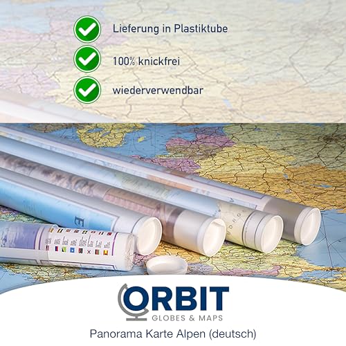 ORBIT Globes & Maps - Panorama Karte Alpen in deutsch als Poster, Karte der Alpen ca. 133x95cm: Gezeichnetes Relief im dreidimensionalen Stil, Blick von Norden nach Süden, Stand aktuell