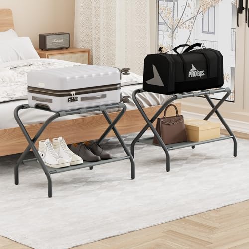 Smuxee Copper Luggage Rack Pack of 2, Foldable Suitcase Stand with Fabric Storage Shelf, Luggage Holder with 4 Nylon Straps for Guest Room Bedroom Hotel - Thumbnail 2