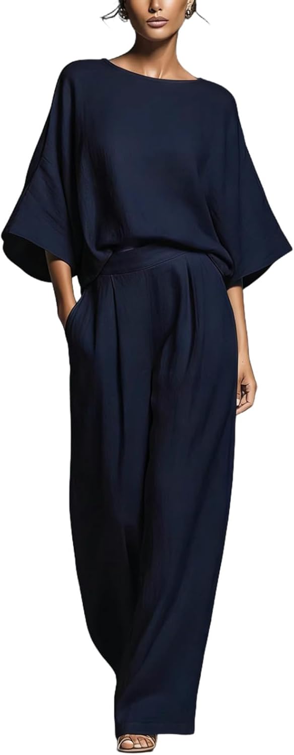 Womens 2 Piece Casual Oversized Outfit 3/4 Batwing Sleeve Round Neck Top and High Waist Wide Leg Pants with Pockets