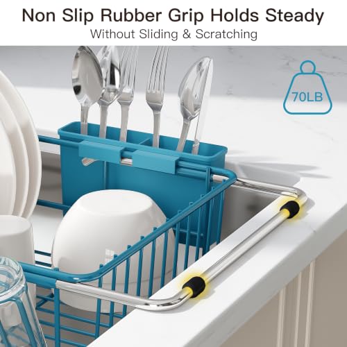 Image of JASIWAY Blue Dish Drying Rack in Sink, Dish Drainer with Utensil Holder