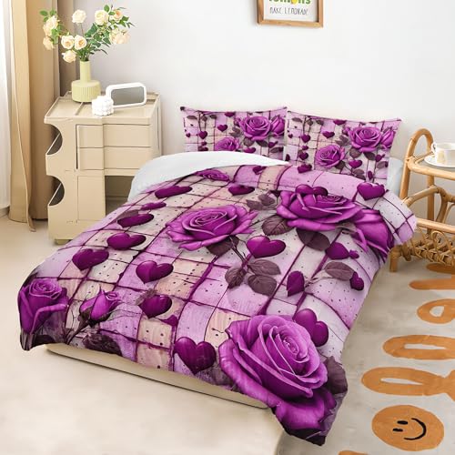 Image of AILONEN Purple Rose Comforter Set Full Size for Girls Women,Romantic Hearts Bedding Set for Bedroom Decor,3-Piece Cute Floral Quilt with 2 Pillowcases