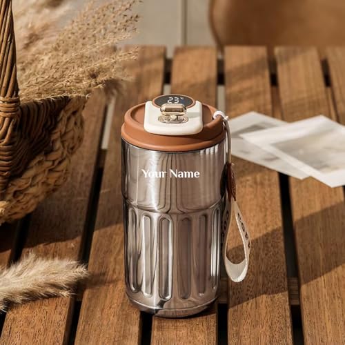 Image of Giftana Personalized Tumbler with LED Temperature Display Customized Coffee Tumbler with Secure Lid & Carrying Strap, Birthday Gifts for Men and Women (Silver, 420ml)